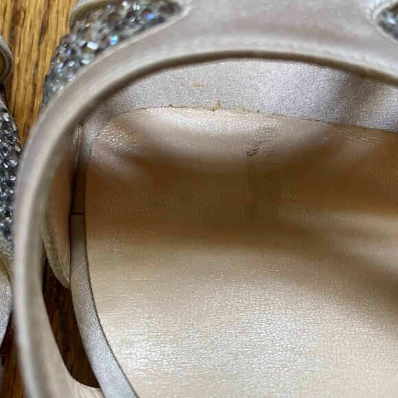 Louboutin Beige Satin Peep-Toe Pumps with Crystal Accents, Size 40 EU - Picture 11 of 16
